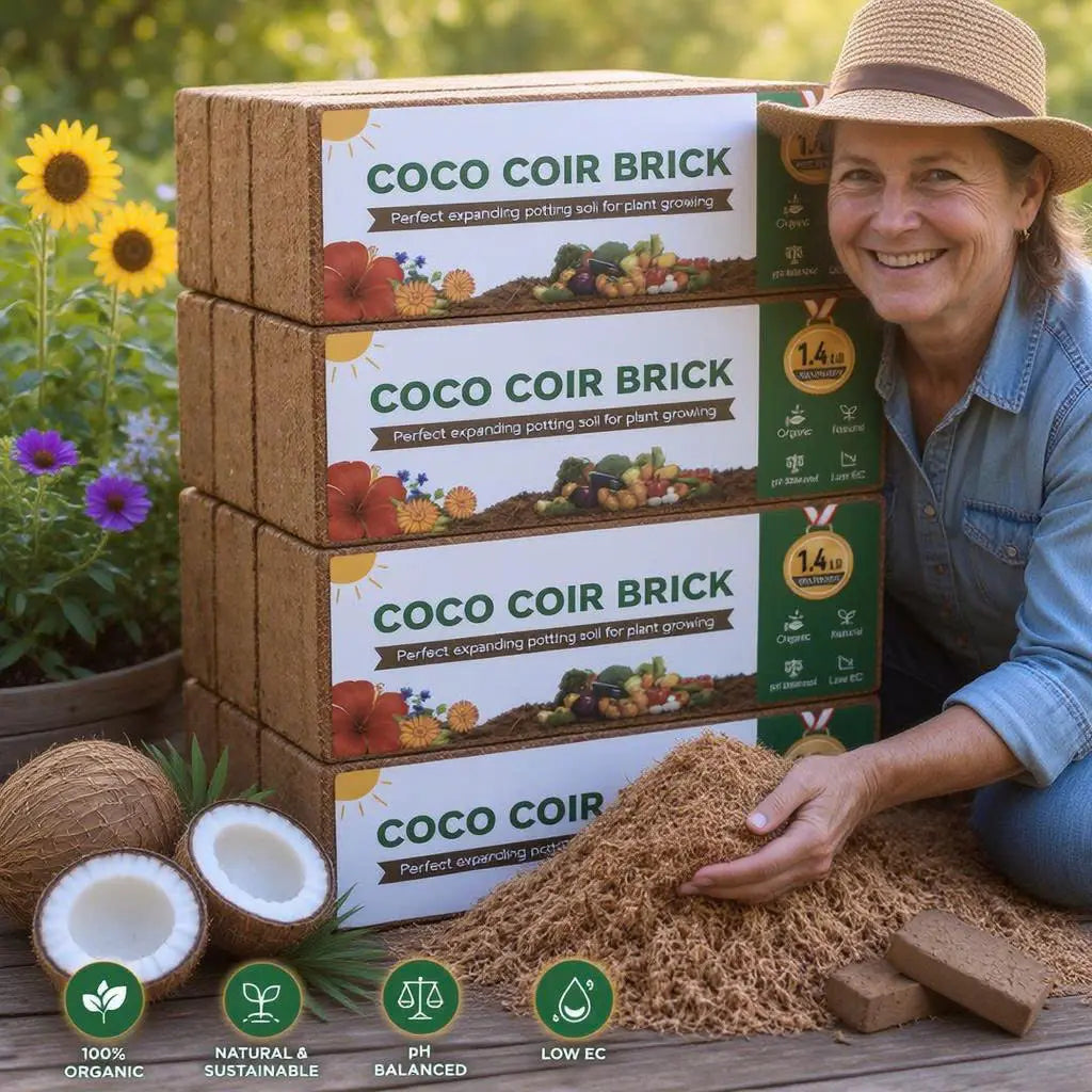Home gardener using coco coir beside flowers and vegetables