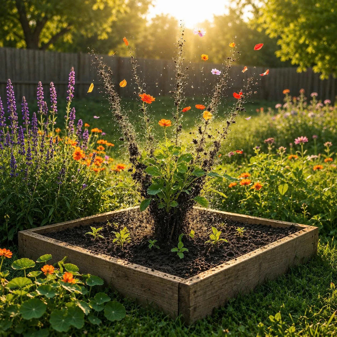 Flower bed with healthy plant growth in warm sunlight