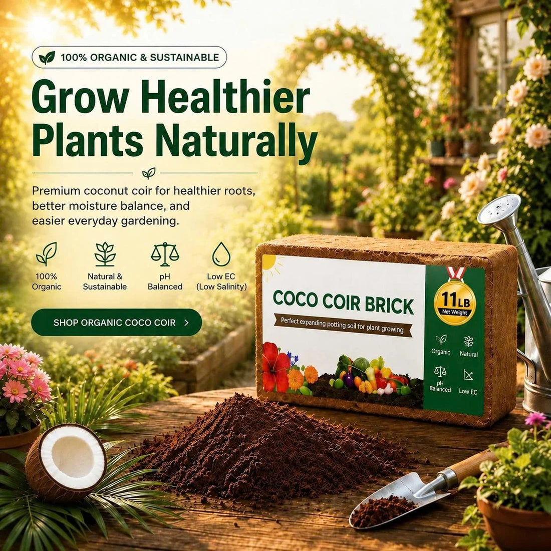 Promotional scene showing coco coir brick and benefits in a garden