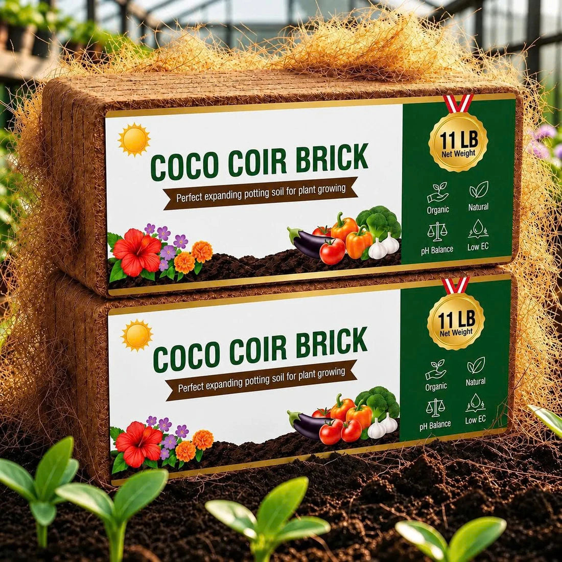 Two coco coir bricks stacked with coco fiber around them