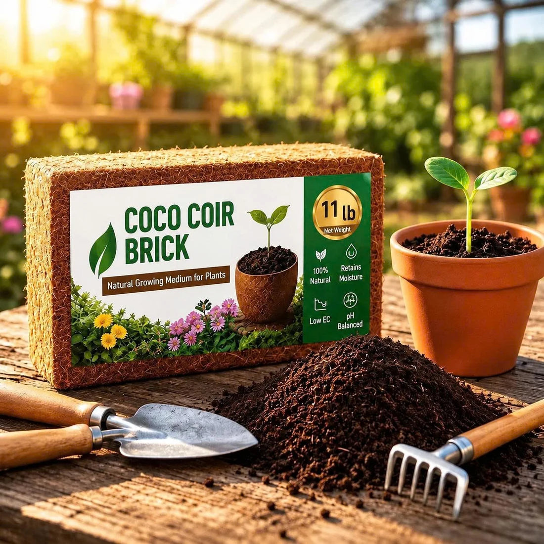 Single coco coir brick with gardening tools and a seedling