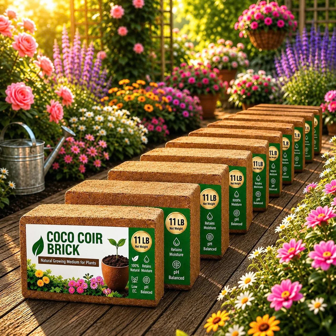 Multiple coco coir bricks lined up in a bright flower garden