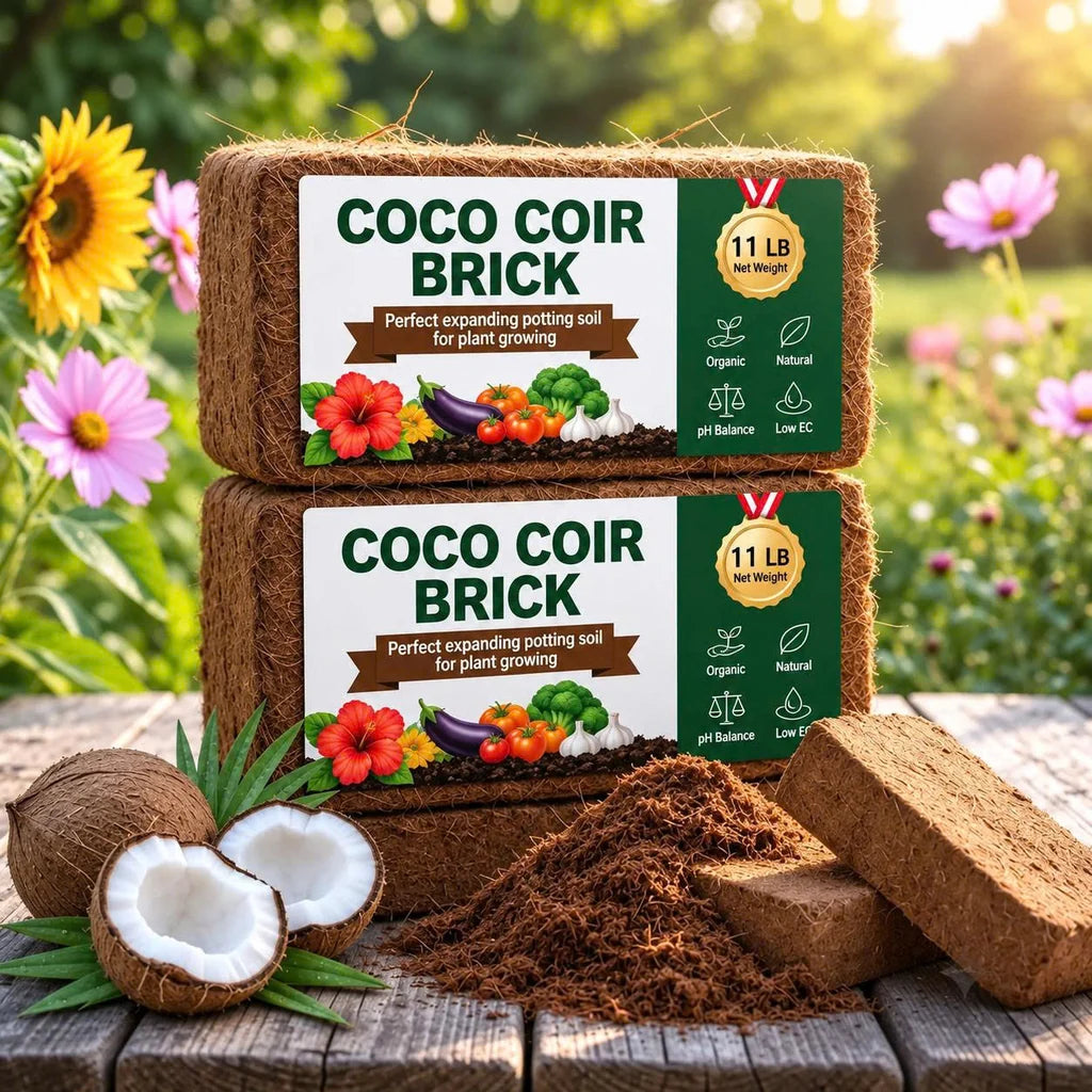 Coco coir bricks, coconut pieces, loose coir, and garden flowers on a wooden table
