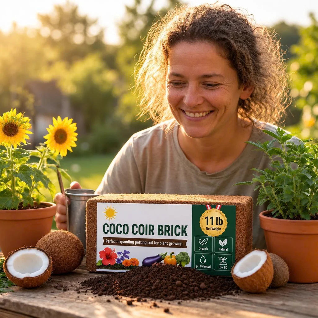 A gardener smiling beside a coco coir brick, coconuts, herbs, and loose coir