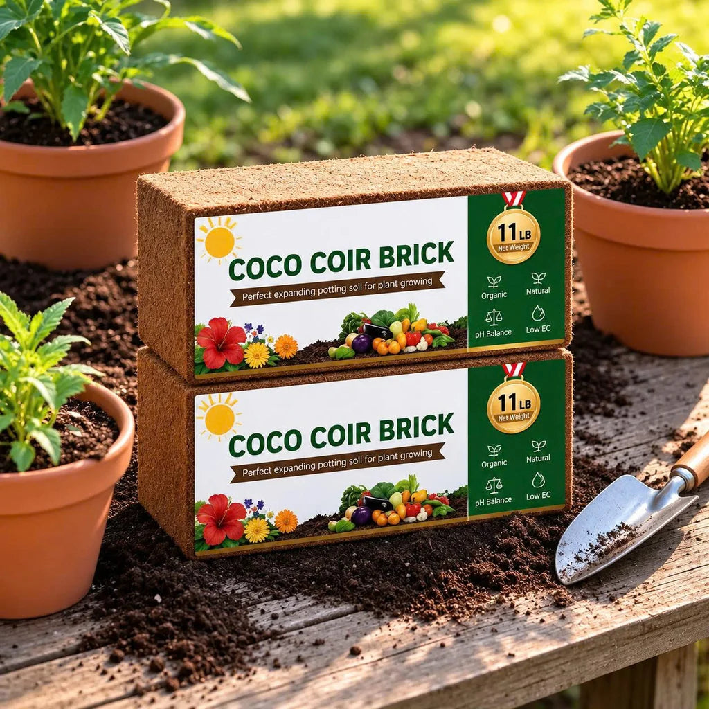 Two coco coir bricks arranged between garden pots and a hand trowel
